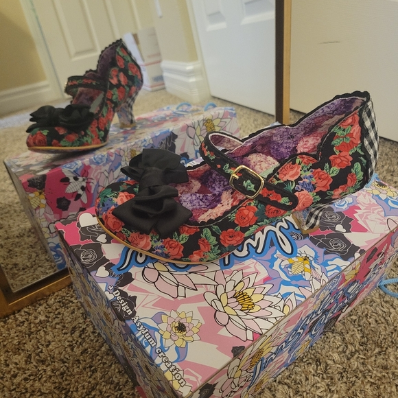 EUC Irregular Choice Summer Breeze Red Floral/Black & White Gingham Heels EU 40 - Picture 6 of 8